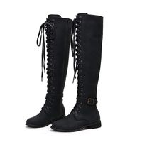 Kiyotoo Women Steampunk Gothic Vintage Style Retro Punk Buckle Knee High Riding Boots Low Heel Strap Suede Boots Black