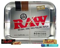 RAW Large Rolling Tray (Silver), Black 1 1/4 Natural Unrefined, Tips, 1 1/4 Metal Paper Case, with Rolling Paper Depot KewlTube- 5 Item Bundle