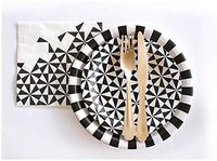FAKKOS Glamping Party Supplies Black and White Paper Plates Napkins Wooden Cutlery for 12