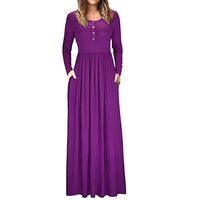 Dacawin Autumn Women's Casual Long Sleeve O-Neck Solid Dress Pocket Button Dress