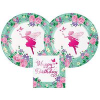 Fairies and Flowers Pink Metallic Birthday Plates and Napkins, 16 Servings, Bundle- 3 Items