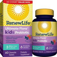 Renew Life Kids Probiotics 3 Billion CFU Guaranteed, 6 Strains, Shelf Stable, Gluten Dairy & Soy Free, 60 Chewable Tablets, Ultimate Flora Kids Probiotics Berry-licious (Packaging May Vary)