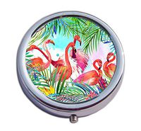 Joyce Colorful Christmas Flamingo Green Leaves Like Leaves Pill Box for Purse - 2 Compartment Medicine Case, am/pm Metal Mini Daily Pill Box Medicine Pill Box Organizer