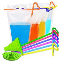 FreshlyZip Drink Pouches with straw Heavy Duty Reclosable Double Zipper Leak-proof Plastic Bags Hand-held Clear Drink Container with Gusset Bottom-Funnel included