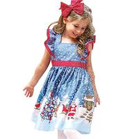 Driuankeji Girls Princess Dress Up Christmas Costume Ruffle Sleeve Xmas Print Midi Dress Kids Party Dresses Light Blue