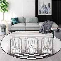 Antique Machine Washable Round Bath Mat,Sketch Classic Parlor Ballroom Hall Castle Baroque Theatre Curtains Illustration Non-Slip No-Shedding Bedroom Soft Floor Mat Round-71 Inch,Black White