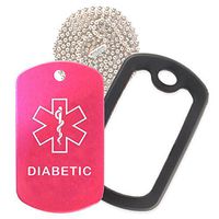 Diabetic Medical Alert ID Necklace with Pink Hot Tag, Black Silencer, and 30'' USA Chain - 154 Color Choices