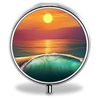 Sea Wave Pill Case, Round Stainless Drug Organizer Container Medicine Cover for Pocket Daily&Weekly