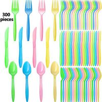Boao 300 Pieces Hawaii Party Cutlery Set Reusable Plastic Utensils Knives Forks Spoons for Tropical Birthday Party Essentials, Assorted Color