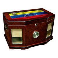 Large Premium Desktop Humidor - Glass Top - Flag of Venezuela (Venezuelan) - Wood Design - 300 Cigar Capacity - Cedar Lined with Two humidifiers & Large Front Mounted Hygrometer.