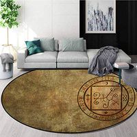 Occult Modern Machine Washable Round Bath Mat,Ancient Textured Mystic Occult Sigil Seal Icon Over Distressed Old Background Design Print Non-Slip Living Room Soft Floor Mat,Diameter-47 Inch