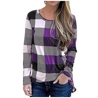 Meikosks Ladies Plaid Print T Shirt Round Neck Long Sleeve Tops Plus Size Blouses Lattice Tunic Purple