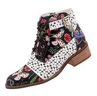 HebeTop Short Boots for Women Low Heel Ink Painting Flower Pattern Ladies Autumn Pointed Toe Chunky Heel Boots Black