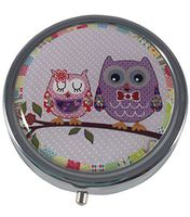 Pretty Owls Silver Three Compartment Round Pocket/Purse/Travel Pill Box (Purple)
