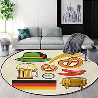 German Modern Machine Washable Round Bath Mat,Oktoberfest Symbols Wheat Sausage Beer and Pretzels Colorful Bavarian Arrangement Non-Slip Living Room Soft Floor Mat,Round-71 Inch