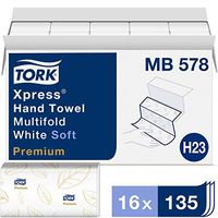 Tork Premium MB578 Soft Xpress Multifold Paper Hand Towel, 3-Panel, 2-Ply, 9.125" Width x 10.875" Length, White, 2,160 Towels, 135 per Pack (Pack of 16), White with Blue Leaf