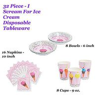 32 Piece - I Scream For Ice Cream Disposable Tableware - 8 Cups / 8 Bowls / 16 Beverage Napkins - New