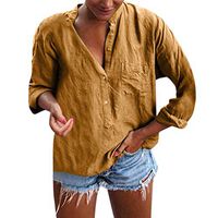 EDC Women's Bohemia Solid Cotton Blouse Long Sleeve V-Neck Buttons Tops Tees T-Shirt Shirts with Pockets (Yellow, M)