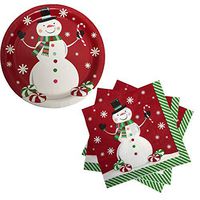 Holiday Christmas Snowman Party Supplies, Serves 18 People (Includes 18 Large Paper Plates, and 20 Party Napkins) (2018 Red)