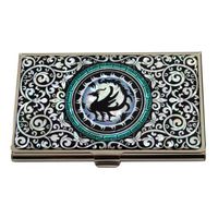 Antique Alive Mother of Pearl Black Three Legged Crow Design Business Credit Card Holder Wallet (B103)
