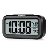 PEAKEEP Smart Night Light Digital Alarm Clock with Indoor Temperature, Battery Operated Desk Small Clock (Black)