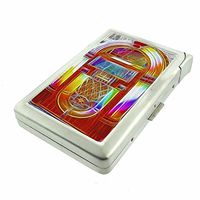 Cigarette Case with Built in Lighter Vintage Jukebox Music S11 Smoking King Size Cigarettes Silver Metal Wallet 4" X 2.75" RFID Protection Retro Classic