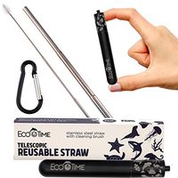 EcoTime Collapsible Reusable Drinking Straw-Stainless Steel Design with Cleaning Brush,Two Silicone Tips,Carabiner Keychain and Metal Case-9.3 Inches-Dishwasher-Safe-Rose Gold,Silver,Grey (Black)