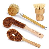Ezeso Plant Based Cleaning Brush Set 4 Piece, Beech Wood and Coconut Bristle Wooden Pan & Pot Cleaning Brush - Bottle Brush - Dish Brush - Zero Waste & Biodegradable Kitchen Brushes