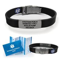 Sport/Slim Waterproof Medical Alert Bracelet. Incl. 9 Lines Engraving. Choose Colors! (Black)