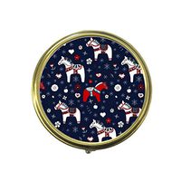 Dala Horses Custom Fashion Bronze Tone Round Pill Box Medicine Tablet Holder Wallet Organizer Case for Pocket or Purse