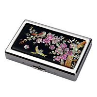 Mother of Pearl Pink Apricot Flower Yellow Bird Extra Long 100S Super Slim King Size 16 Cigarette Engraved Metal Steel RFID Blocking Protection Credit Business Card US Bill Cash Holder Case Box