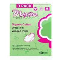 Maxim UltraThin Winged Cotton Organic Maxi Pads, Nighttime/Sup, 30 ct, Wrapped, No Chlorine/Dioxin/Chemical/SAP, FDA/ICEA Approved, Biodegradable Breathable Hypoallergenic, Cotton Pads, 3 Packs of 10