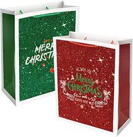 UNIQOOO 12 Pack Large Merry Christmas Holiday Gift Bags Paper Tote -4 Glitter Designs Gold Silver Red Green for Christmas Presents – Perfect for Wrapping Stocking Stuffers, New Year Party Favors