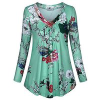Meikosks Ladies V-Neck Button Pullover Flowers Print Blouses Plus Size Long Sleeve Tops Summer Shirt Blue