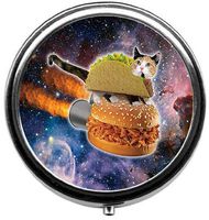 Eareeco - The cat is Standing on The Hamburger. Round Pill Case/Pill Box/Pill Case/Case- Three-Compartment Pill Box/Pill Case