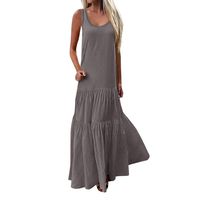Sunhusing Women's Bohemian Casual Wind Long Maxi Dress Sleeveless Low Cut Ruffles Baggy Floor-Length Dress Gray