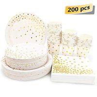 White and Gold Party Supplies - 200PCS Disposable White Paper Plates Dinnerware Set Gold Dots 50 Dinner Plates 50 Dessert Plates 50 9oz Cups 50 Napkins Wedding Birthday Party Baby Shower Christmas