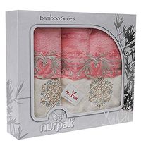 Tessile Di-Lusso Nurpak Athena Luxury Bamboo/Guipure Towels in Gift Box.27 x 55 in / 20 x 35 in (4 Pack) (Cream/Pink)