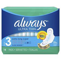 Always Ultra Thin, Feminine Pads for Women, Size 3, Extra Long, Super Absorbency, with Wings, Unscented, 14 Count, Pack of 6 (Packaging May Vary)