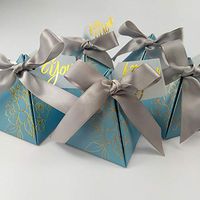 Triangle Wedding Party Favor Candy Box Chocolate Packaging Boxes Baby Shower Birthday Paper Gift Box Bag with Card and Ribbon (Blue)