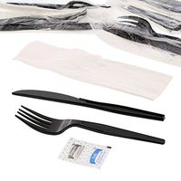 AmerCare Five Piece Meal Kit with Salt and Pepper Packets, 13 x 17 2-Ply Napkin, and Black Heavy Weight Fork and Knife, Case of 500