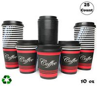 EcoQuality Durable Disposable Paper Cups & Dome Lids For Hot/Cold Drink, Coffee, Tea, Cocoa, Travel, Small 10 Ounce Cups, 25 Count Cups & Black Lids