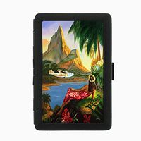 Perfection In Style Black Color Metal Cigarette Case Vintage Hawaiian Art Design 004