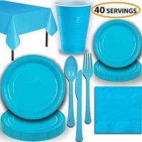 Disposable Party Supplies, Serves 40 - Turquoise - Large and Small Paper Plates, 12 oz Plastic Cups, Heavyweight Cutlery, Napkins, and Tablecloths. Full Tableware Set