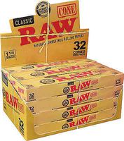 RAW Natural Unrefined King Cones Rolling Papers - Box of 12 Packs of 32 Cones in Each Pack