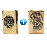 Zippo Lion Gate Gold + Unicorn Gold Lighters 1 + 1/2 PCS/Genuine/Org Packing (6 Flints 2 Sets Free Gift)