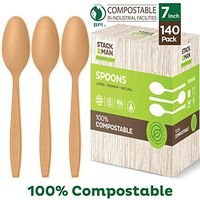 Stack Man Disposable Spoons [140 Pack] 100% Compostable Plastic Silverware, Large Premium Heavy-Duty Flatware Utensils Eco Friendly BPi Certified, 6.5 Inch, Organic Natural Wood Color Tableware