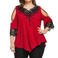 Meikosks Womens Large Size Pullover Short Sleeve Lace Off Shoulder Tops Casual T Shirt Red