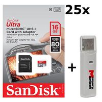 25 PACK - SanDisk Ultra 16GB UHS-I Class 10 MicroSDHC Memory Card Up to 80mb/s SDSQUNC-016G with adapter LOT OF 25 and USB 2.0 MemoryMarket dual slot MicroSD & SD Memory Card Reader