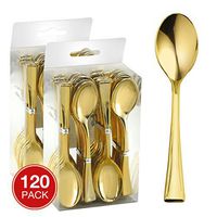 Majestic Settings Mini Collection Disposable Plastic Mini Spoons, Plastic Tasting Spoons, 4 inch Spoons, Great for Desserts, Sampling, or Appetizers… (Gold 120 pk)